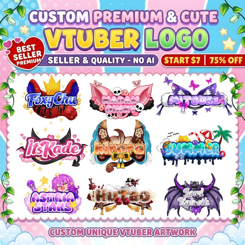 K&ouml;nnte beinhalten: Werbebild f&uuml;r individuelle VTuber-Logos. Das Design zeigt verschiedene Logo-Beispiele mit farbenfrohen Illustrationen und Text, darunter "Foxy Chu", "Its Kade" und "Summer". Das Bild enth&auml;lt auch den Text "Custom Premium & Cute VTuber Logo" und "Custom Unique VTuber Artwork."