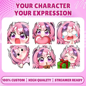 May include: A set of six digital character emotes featuring a pink-haired figure with horns, displaying various expressions including anger, love, crying, waving, drinking boba, and holding a gift. Text reads: YOUR CHARACTER YOUR EXPRESSION.
