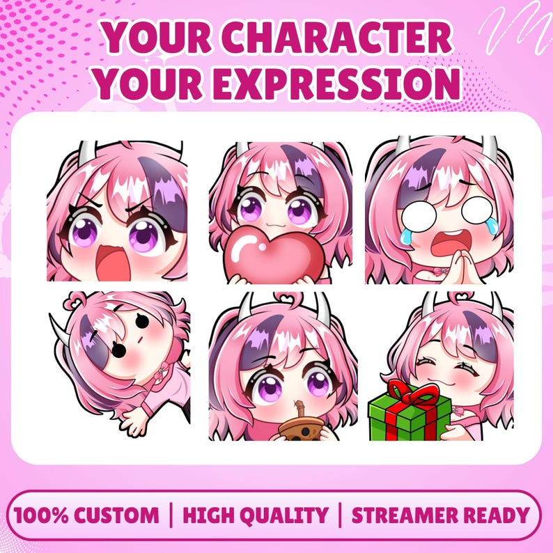 May include: A set of six digital character emotes featuring a pink-haired figure with horns, displaying various expressions including anger, love, crying, waving, drinking boba, and holding a gift. Text reads: YOUR CHARACTER YOUR EXPRESSION.