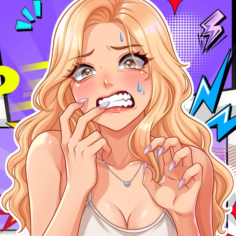 K&ouml;nnte beinhalten: Eine Anime-Illustration einer blonden Person mit besorgtem Gesichtsausdruck, die an ihrem Fingernagel kaut. Sie tr&auml;gt ein wei&szlig;es Oberteil und eine silberne herzf&ouml;rmige Anh&auml;ngerkette vor einem lebendigen, violetten Comic-Hintergrund.