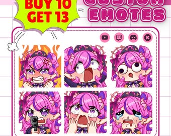 May include: A digital graphic featuring six custom emotes of a character with pink hair, horns, and purple eyes. The text reads BUY 10 GET 13 and CUSTOM EMOTES. The character displays various expressions including anger, shock, and crying, with icons for social platforms.