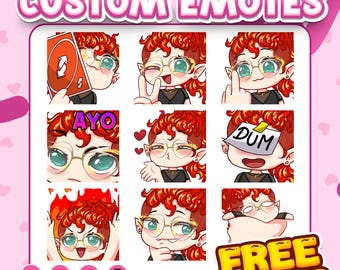 May include: A collection of custom emotes featuring a cartoon character with red curly hair, glasses, and pointed ears. The emotes display various expressions and actions, including holding a card, giving a peace sign, and displaying the word "AYO". The text "CUSTOM EMOTES" and "FREE ANIMATED" are also present.