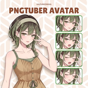 May include: An anime-style digital character illustration labeled PNGTUBER AVATAR by KAZUMIEMIKA. The character has short olive green hair, a headband, and a tan sleeveless top. Four smaller panels show varied facial expressions with the same character.