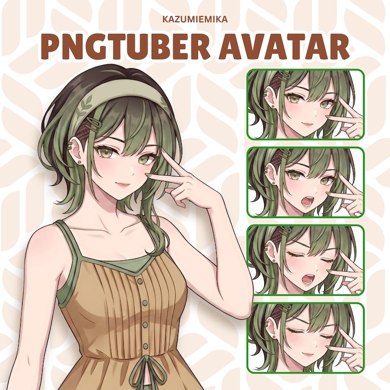 May include: An anime-style digital character illustration labeled PNGTUBER AVATAR by KAZUMIEMIKA. The character has short olive green hair, a headband, and a tan sleeveless top. Four smaller panels show varied facial expressions with the same character.