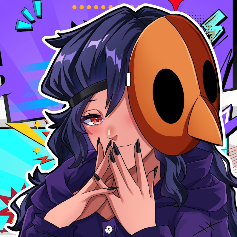 K&ouml;nnte beinhalten: Eine Illustration im Anime-Stil zeigt eine Figur mit dunkelviolettem Haar und roten Augen, die eine glatte orangefarbene Maske mit schwarzen ovalen Augenl&ouml;chern tr&auml;gt. Die Figur hat lange schwarze Fingern&auml;gel und tr&auml;gt ein dunkelviolettes Kapuzenkleidungsst&uuml;ck.
