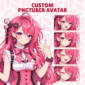 May include: A custom PNGtuber avatar featuring a character with long vibrant pink hair, wearing a pink and white outfit with heart accents, a black corset-style bodice, and bat-wing earrings. The image includes four smaller facial expressions.