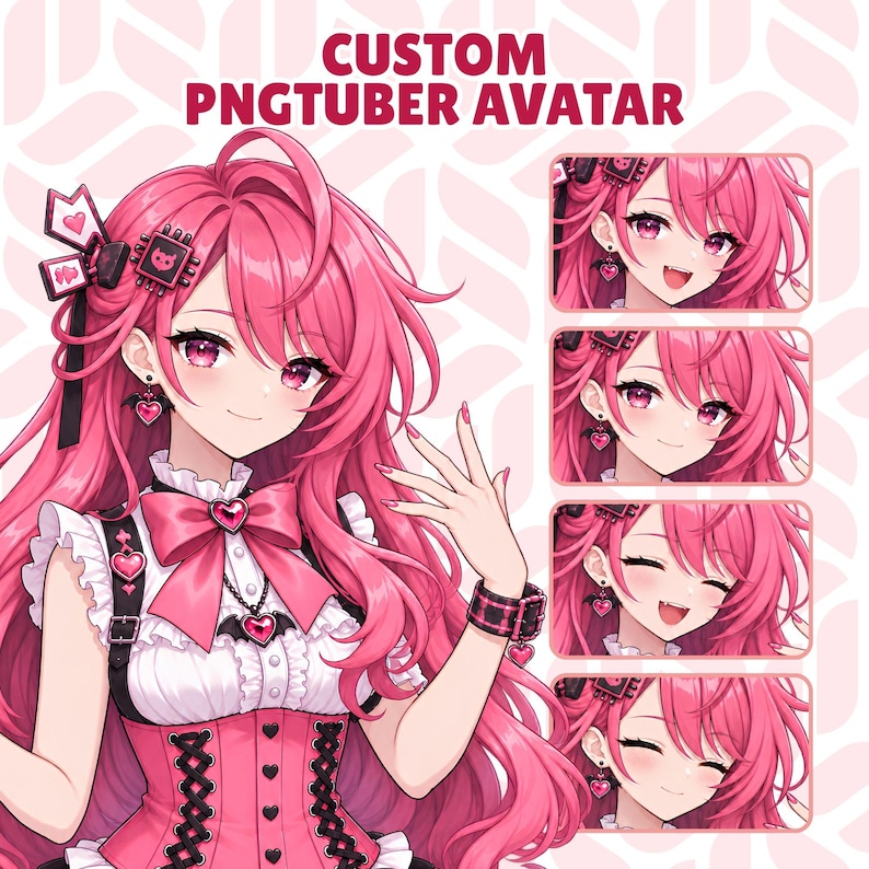 May include: A custom PNGtuber avatar featuring a character with long vibrant pink hair, wearing a pink and white outfit with heart accents, a black corset-style bodice, and bat-wing earrings. The image includes four smaller facial expressions.