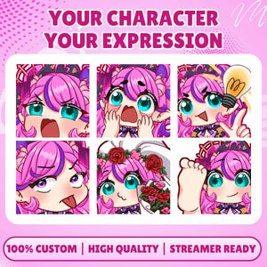 May include: A digital graphic set featuring six anime-style character emotes with pink hair and teal eyes, displaying various expressions including shock, joy, and playfulness. The text reads YOUR CHARACTER YOUR EXPRESSION and 100% CUSTOM | HIGH QUALITY | STREAMER READY.