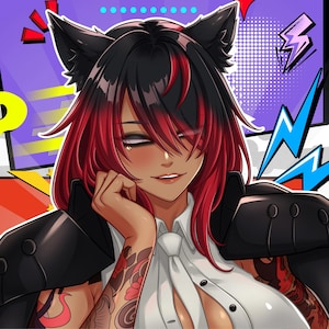 K&ouml;nnte beinhalten: Eine Anime-Illustration eines Charakters mit schwarz-rotem Haar, Katzenohren und dunkler Haut. Die Figur tr&auml;gt ein wei&szlig;es Hemd mit Kragen und Krawatte sowie eine schwarze Jacke, die &uuml;ber die Schultern gelegt ist. Die Arme zeigen florale Tattoos.