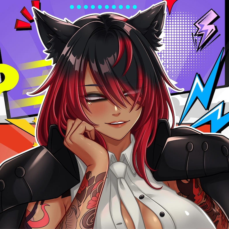 K&ouml;nnte beinhalten: Eine Anime-Illustration eines Charakters mit schwarz-rotem Haar, Katzenohren und dunkler Haut. Die Figur tr&auml;gt ein wei&szlig;es Hemd mit Kragen und Krawatte sowie eine schwarze Jacke, die &uuml;ber die Schultern gelegt ist. Die Arme zeigen florale Tattoos.