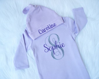 Personalized Baby Girl Set, Take Home Outfit, Lavender and Gray Embroidered Gown and Hat, Coming Home Set with Name, Personalized Baby Gown