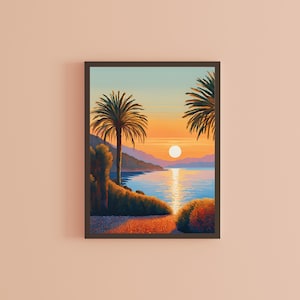 Coastal Serenity Printable Wall Art | Vintage Mediterranean Landscape | Warm Sunset Print