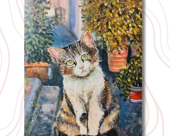 Hand-Painted Acrylic Cat Painting – Cozy Feline Art on Canvas