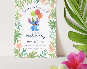 Hand-Drawn Stitch Pool Party Invitation, Tropical Kids Birthday (Digital Download)