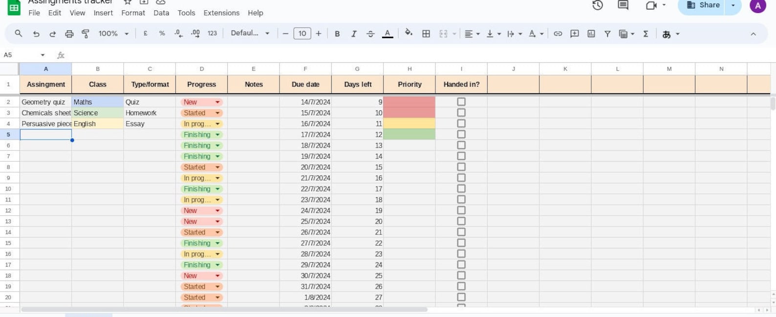 Student Assignment Tracker Google Sheets Spreadsheet - Etsy