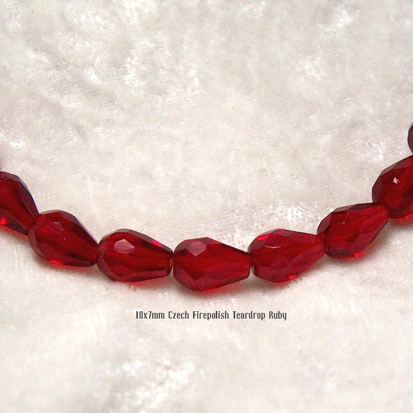 10x7mm Facted Teardrop Czech Fire polish glass beads | Deep Ruby Red