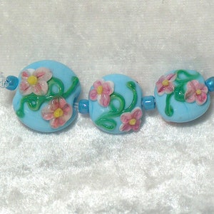 Spring Flowers Sky blue Focal and Accent Lampwork handmade glass bead set