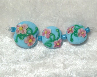 Spring Flowers Sky blue Focal and Accent Lampwork handmade glass bead set