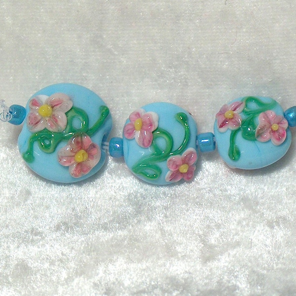 Spring Flowers Sky blue Focal and Accent Lampwork handmade glass bead set
