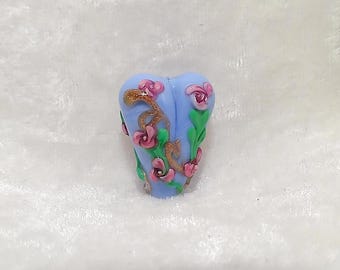 Periwinkle Blue Focal heart bead with Pink Roses | Handmade lampwork glass heart bead