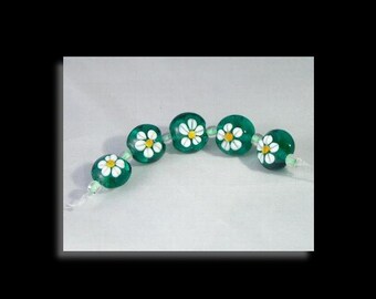 Emerald Floral lentils Lampwork glass bead set Handcrafted