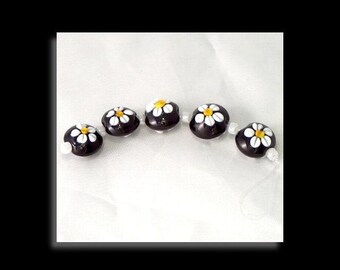 Jet Black Floral lentils handmade Lampwork glass bead set