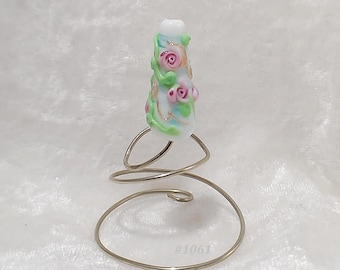 White and Pink Roses Floral Handmade lampwork glass pendant bead | Cone beads