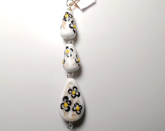 Handmade Lampwork Glass Beads: White Floral Pendant Set (3 Beads)