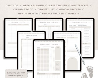May include: A digital baby tracker with templates for daily logs, weekly planners, sleep, and milk tracking. The text "BABY TRACKER" is at the top. The image also includes a stylus and baby footprints.