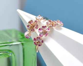 14K Rose Gold-Plated Pink Peach Blossom Flower Branch Open Ring: Enamel Flower Jewelry