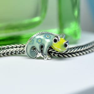 May include: A silver charm depicting a chameleon. The charm is painted in shades of green and yellow, with blue floral accents. The chameleon is resting on a silver chain.