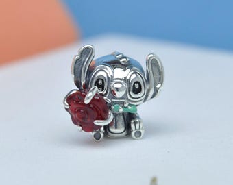 Sterling silver Disney Red Rose Flower Stitch Charm : Enamel for Pandora Bracelet,Handmade jewelry
