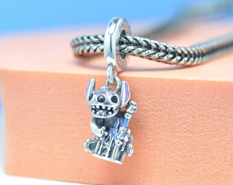 925 Sterling silver Disney Parks Stitch and Fantasyland Castle Dangle Charm Enamel Pendant