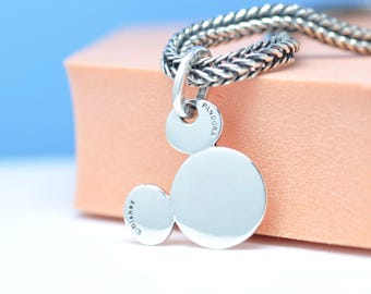 Sterling Silver Engravable Mickey Mouse Pendant Charm : Fits Bracelets Necklaces