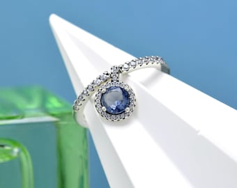 Sterling Silver Dangling Blue Round Sparkle Ring ,Fashion Jewelry