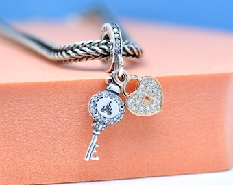 Two Tone Disney Parks Key Castle Dangle Pendant Charm For Moments Bracelet