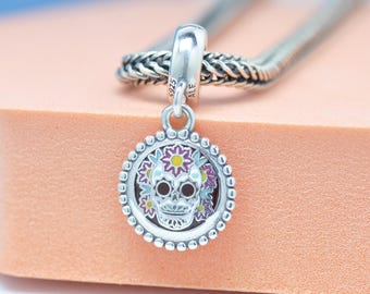 Sterling Silver Mexico Day of the Dead Flowers Purple Background Charm Mixed Enamel Pendant