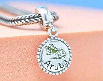 Colgante exclusivo de plata de ley con forma de iguana de Aruba: colgante con temática de viajes para pulseras y collares.