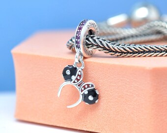 Colgante de diadema con orejas de Minnie Mouse de Disney en plata de ley y blanco y negro: Colgante de esmalte