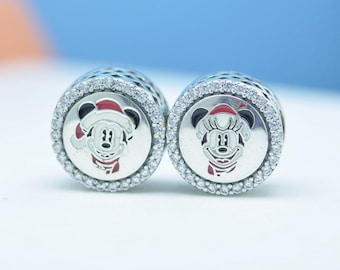 Sterling Silver Exclusive Parks Minnie Mouse & Mickey Mouse Holiday Charm : Cubic Zirconia Enamel