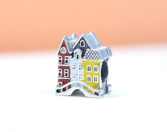 Sterling Silver Amsterdam Canal Houses Charm : Colorful Dutch Houses Enamel Pendant Travel Theme