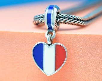 Sterling silver Exclusive France Heart Flag Dangle Charm : Travel Themed Pendant For Bracelets Necklaces
