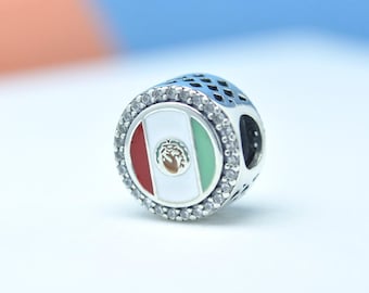 925 Sterling Silver Exclusive Mexico Flag Charm: Sparkling Travel Round Bead