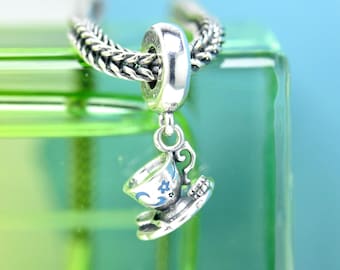 Magical Cup of Tea Dangle Charm in Sterling Silver with Blue Enamel Pendant