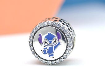 Sterling silver Stitch & Angel Round Sparkling Reversible Charm Button Cubic Zirconia Enamel Bead
