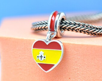 Sterling silver Exclusive Spain Heart Flag Dangle Charm : Travel Destination Pendant For Bracelets Necklaces