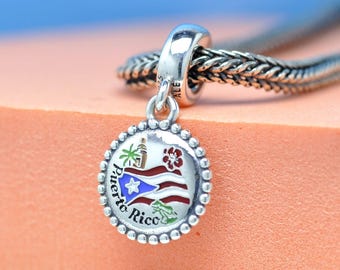 Sterling silver Exclusive Puerto Rico Flag Dangle Charm: Engraved Travel Themed Pendant