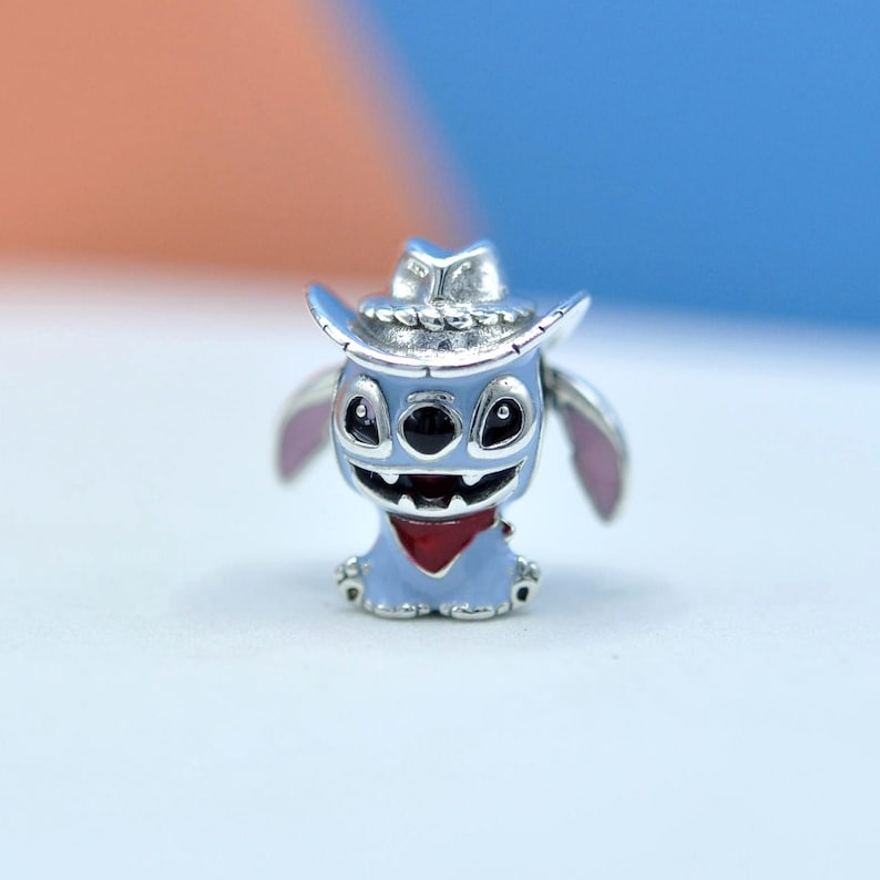 Sterling Silver Stitch Cowboy Berlock Blå Emalj Western Lilo & Stitch Hänge med Presentask bild 1
