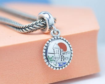 Sterling Silver Puerto Rico Dangle Charm Travel Pendant For Bracelets Necklaces