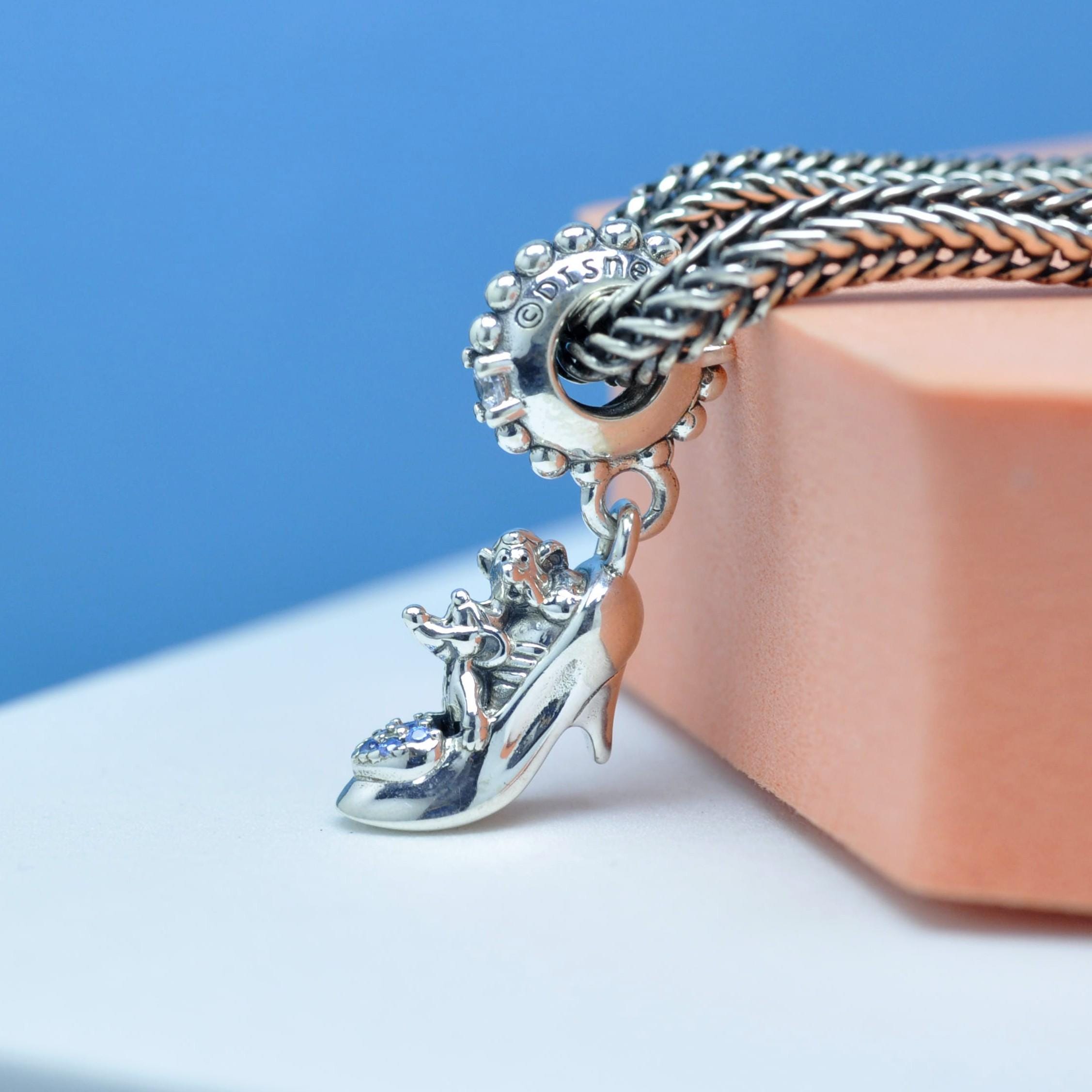 Sterling Silver Disney Cinderella Glass Slipper & Mice Dangle Charm ...
